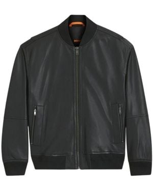 BOSS Regular-Fit Texturierte Leder Bomberjacke - Schwarz