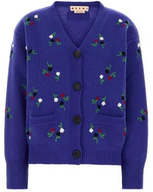 Marni Wol-Kasjmier Cardigan Met Bloemenborduursel - Blauw