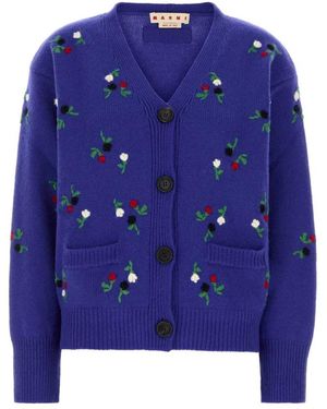 Marni Wol-Kasjmier Cardigan Met Bloemenborduursel - Blauw