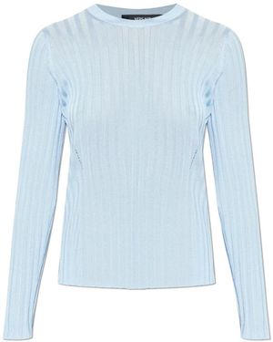 Versace Truien & Vesten ,Blauw ,Katoen Geribbelde Viscosemix Top Met Ronde Hals