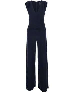 Norma Kamali Jumpsuits & Playsuits ,Blauw ,Polyester V-Neck Shirred Jumpsuit