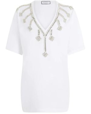 Philipp Plein Kleedjes ,Wit ,V-Neck T-Shirt Jurk Kristal Franjes