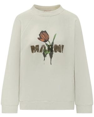 Marni Hoodies & Sweatvesten ,Wit ,Katoen Cotton Sweatshirt Met Tulpenprint