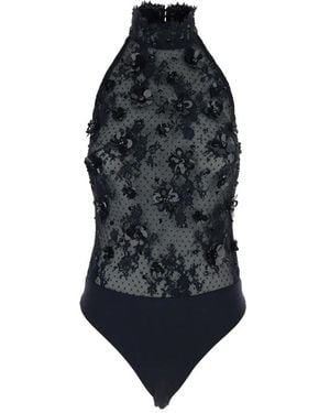 retroféte Halterneck Floral Embroidered Bodysuit - Blau