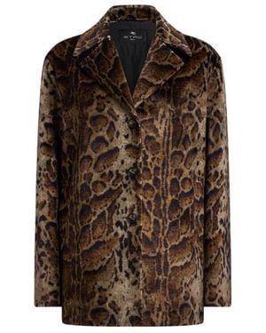 Etro Jassen ,Bruin ,Cropped Fluwelen Jas Met Luipaardprint