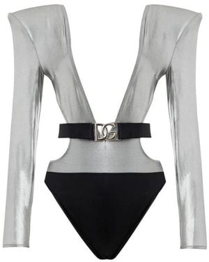 Dolce & Gabbana Silber Schwarz Langarm Badeanzug - Grau