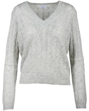 Brunello Cucinelli Truien & Vesten ,Grijs ,Katoen V-Hals Trui Met Strass