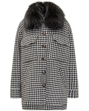 Ava Adore Jassen ,Zwart ,Wol Houndstooth Jas Van Wolmix Met Bontkraag