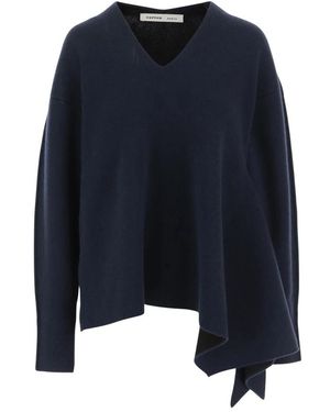Carven Truien & Vesten ,Blauw ,Denim Cashmere Trui Met Asymmetrische Zoom