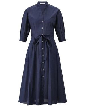 ROSSO35 Baumwoll Midi Kleid Mit Taillenband - Blau