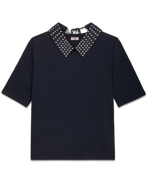 Oltre Tops ,Blauw ,Katoen T-Shirt Met Korte Mouwen En Juweelhalslijn
