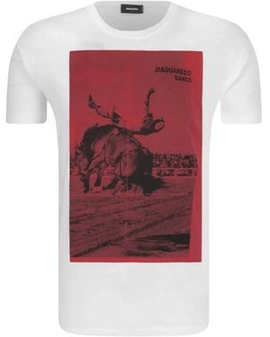 DSquared² Weißes T-Shirt Mit Druck, Kurze Ärmel - Rot