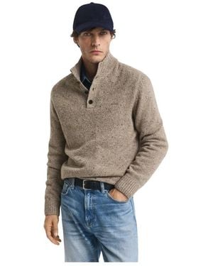 GANT Wollen Blend Nepps Trui Met Halve Knoopsluiting - Naturel