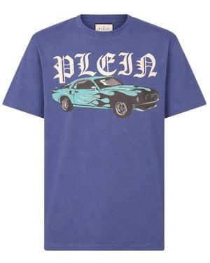 Philipp Plein Tops ,Blauw ,Katoen T-Shirt Ronde Hals Ss Racing