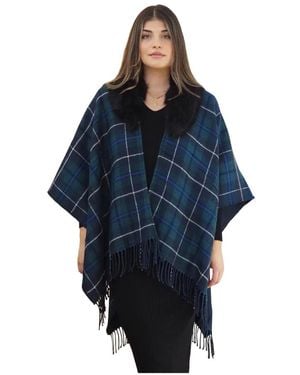 Ralph Lauren Jassen ,Blauw ,Polyester Schotse Geruite Poncho Met Bontkraag Voor