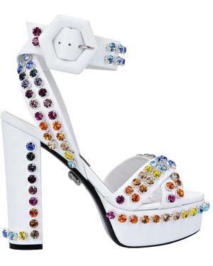 Philipp Plein Schoenen ,Wit ,Leer Sandalen Met Hoge Hakken En Kristallen