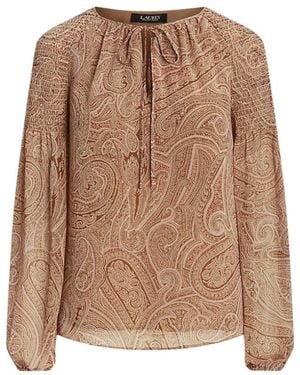 Ralph Lauren Bluse Mit Blumenmuster, Rüschenbesatz Und V-Ausschnitt Aus Chiffon - Braun
