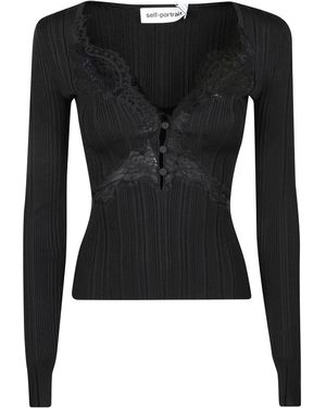 Self-Portrait Tops ,Zwart ,Polyester Geribbelde Top Met Diepe Halslijn