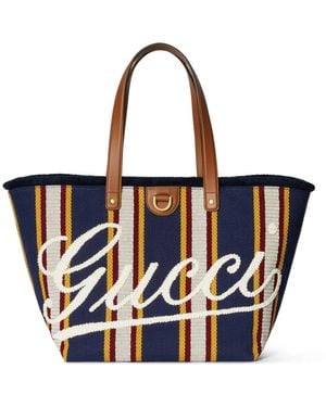 Gucci Bestickte Mittelgroße Canvas-Tragetasche - Blau