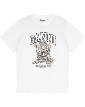 Ganni Tops ,Wit ,Katoen Basic Jersey Luipaard Relaxed T-Shirt