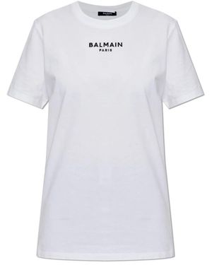 Balmain Tops ,Wit ,Katoen T-Shirt Met Geborduurd Logo
