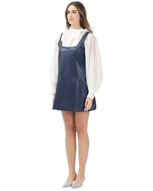 ViCOLO Kleedjes ,Blauw ,Blauwe Imitatieleren Jurk Vierkante Halslijn