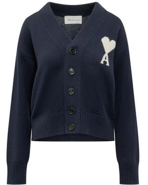 Ami Paris Truien & Vesten ,Blauw ,Katoen Cardigan Met Contrasterende Ami De Coeur