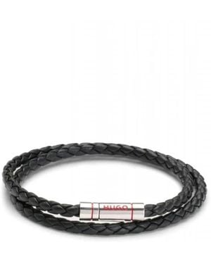 HUGO Double-Cuff Braided-Leather Bracelet - Schwarz
