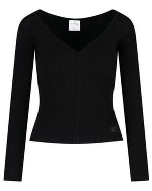 Courreges Truien & Vesten ,Zwart ,Polyester Ribbed Boat Neck Long Sleeve Top