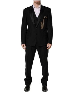 Dolce & Gabbana Black Wool Silk Saxophone Slim Fit 3pc Suit