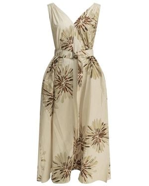 Brunello Cucinelli Kleedjes ,Katoen Jurk Met Bloemenprint, V-Hals En Ceintuur, Midi-Lengte - Metallic