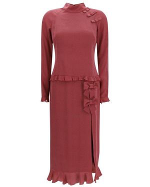 Alessandra Rich Kleedjes ,Rood ,Polyester Polka-Dot Zijden Jurk Met Hoge Hals En Midi Lengte