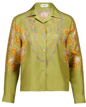 Versace Overhemden ,Veelkleurig ,Zijden Twill Blouse Met Print - Groen
