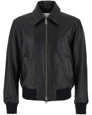 Ami Paris Leather Jacket With Classic Collar And Adc Logo Embroidery Detail - Black