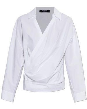 Balmain Overhemd Van Gedrapeerd Katoenpoplin - Blauw