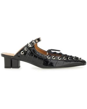 Ganni Square Toe Lace-Up Mules With Block Heel - Schwarz