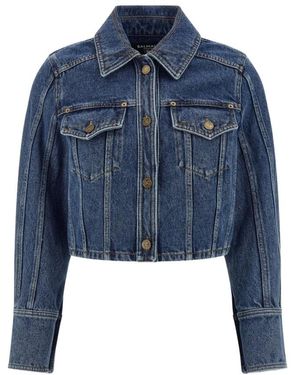 Balmain Jassen ,Blauw ,Denim Cropped Denim Jack Met Faded Effect
