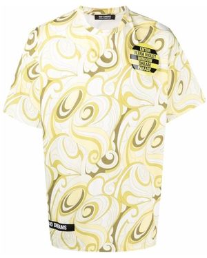 Raf Simons Tops ,Geel ,Katoen Big Fit T-Shirt Met Hippie All Over Print - Metallic