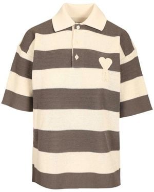Ami Paris Gestreept Gebreide Katoenen Polo Met Borduursel - Naturel