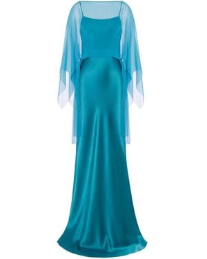 Alberta Ferretti Long Satin Dress With Removable Chiffon Cape Top - Blue