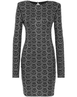 Philipp Plein Kleedjes ,Zwart ,Polyester Lange Mouw Monogram Mini Jurk