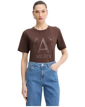 Twinset Tops ,Bruin ,Katoen T-Shirt Met Gelamineerde Logoprint - Blauw