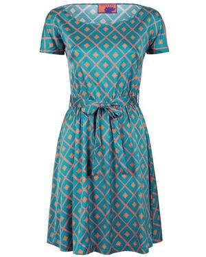 Gallo Damen Kurzes Hellblaues Kleid Mit Gürtel, Kurzen Ärmeln Und Argyle-Muster