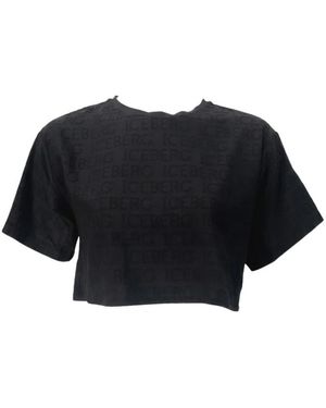 Iceberg Tops ,Zwart ,Leer T-Shirt Logo Allover Cropped Fit