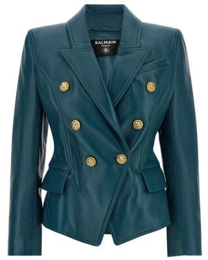 Balmain Leren Jas Met 6 Knopen - Blauw