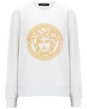 Versace Hoodies & Sweatvesten ,Wit ,Katoen Geborduurde Crewneck Sweatshirt