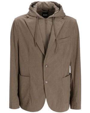 HUGO Jassen ,Bruin ,Polyester P-Hanry Slim Fit Stretch Jas Met Capuchon