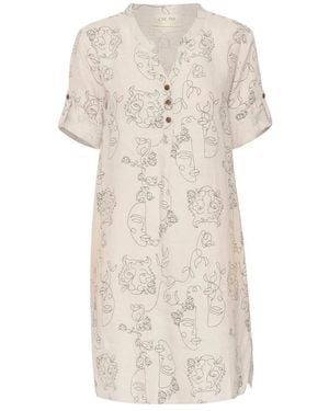 Cream Face Print Caftan Korte Jurk - Naturel
