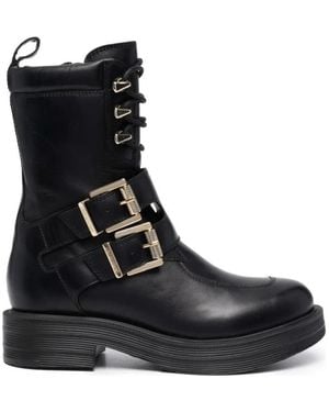 Love Moschino Leather Lace-Up Metallic Buckle Boots - Black