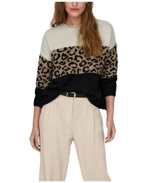 ONLY Truien & Vesten ,Polyester Gebreide Trui Met Luipaardprint, Lange Mouwen En Ronde Hals - Zwart